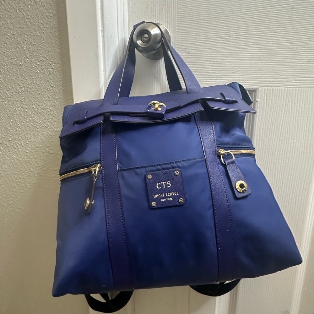 Henri Bendel Jetsetter Convertible Navy Blue Leather Nylon Backpack - Picture 14 of 16